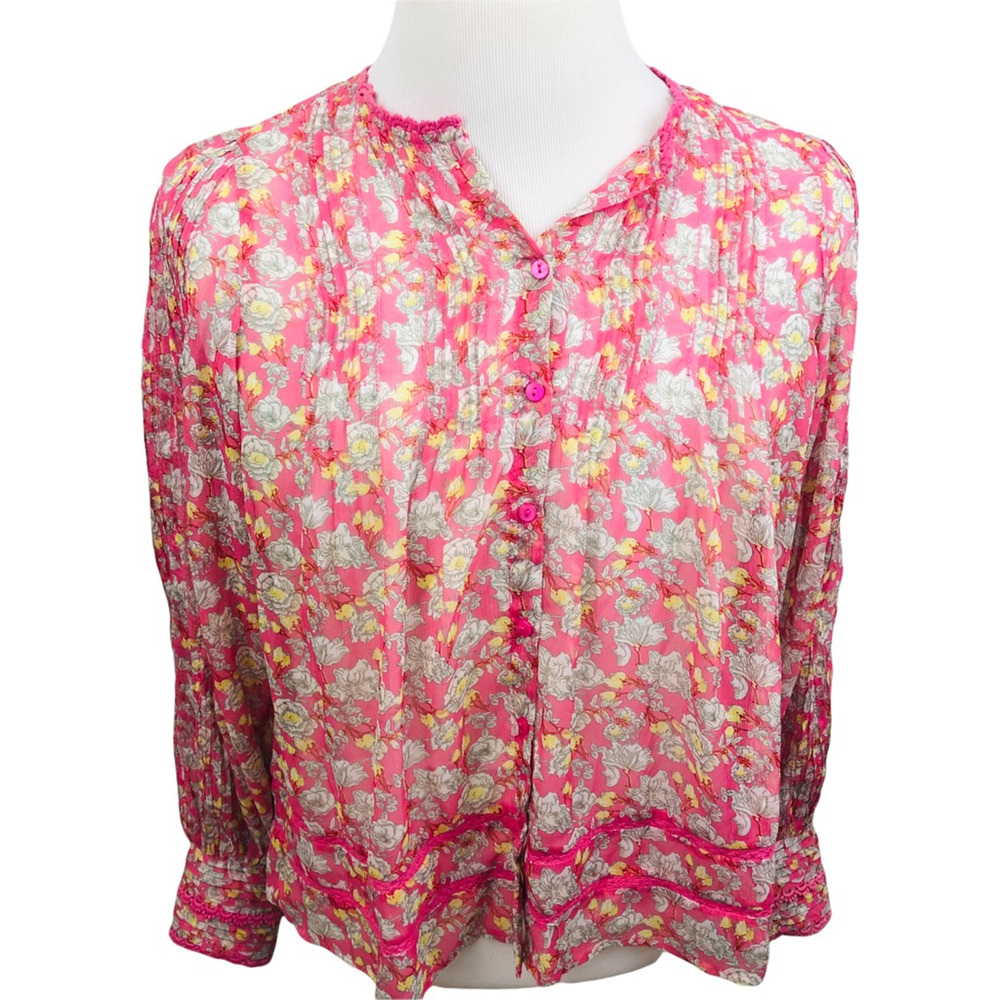 Ranna Gill Button Top Womens Large Pink Floral Sheer Lace Long Sleeve New